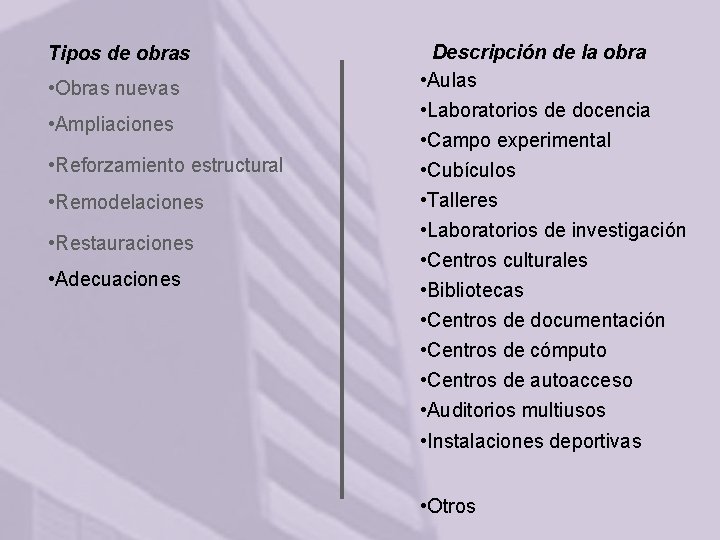 Tipos de obras • Obras nuevas • Ampliaciones • Reforzamiento estructural • Remodelaciones •