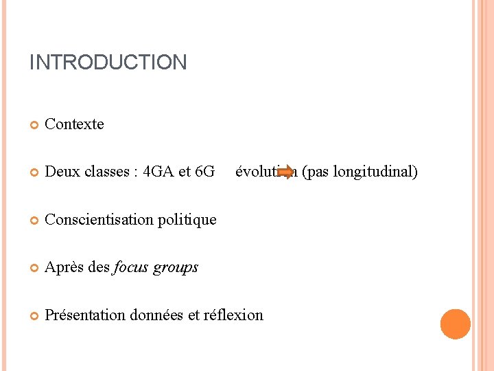 INTRODUCTION Contexte Deux classes : 4 GA et 6 G Conscientisation politique Après des