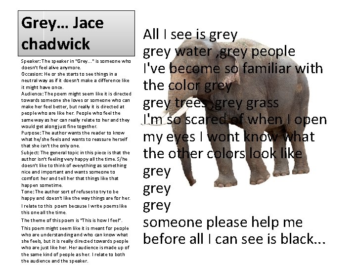 Grey… Jace chadwick Speaker: The speaker in "Grey. . . " is someone who