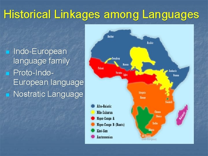 Historical Linkages among Languages n n n Indo-European language family Proto-Indo. European language Nostratic