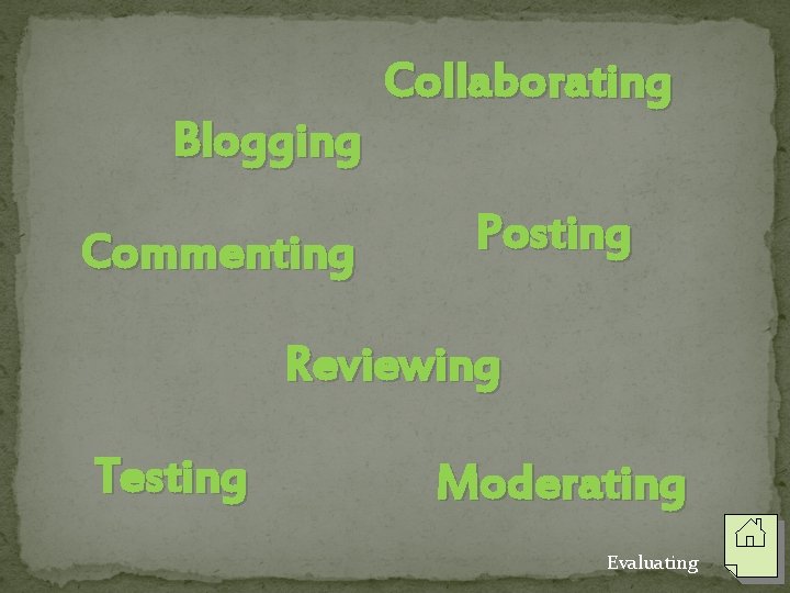 Blogging Commenting Collaborating Posting Reviewing Testing Moderating Evaluating 