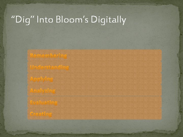 “Dig” Into Bloom’s Digitally Remembering Understanding Applying Analyzing Evaluating Creating 