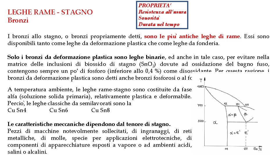 LEGHE RAME - STAGNO Bronzi PROPRIETA’ Resistenza all’usura Sonorita Durata nel tempo I bronzi