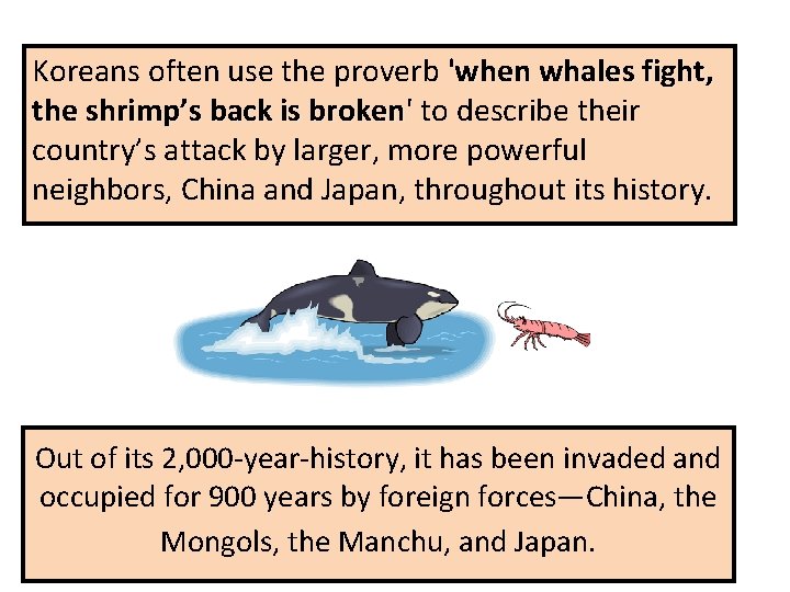 Koreans often use the proverb 'when whales fight, the shrimp’s back is broken' broken