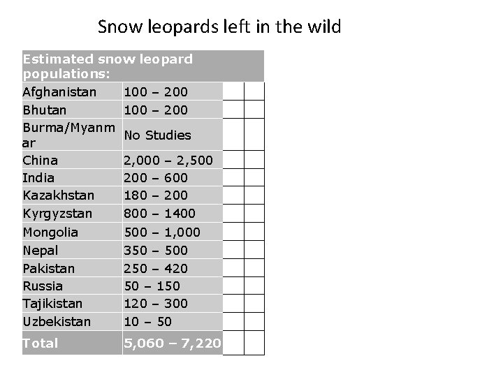 Snow leopards left in the wild Estimated snow leopard populations: Afghanistan 100 – 200