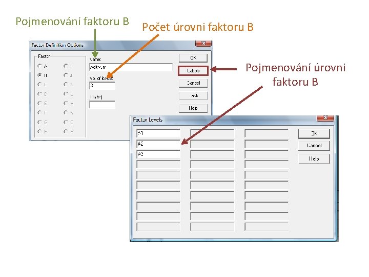 Pojmenování faktoru B Počet úrovni faktoru B Pojmenování úrovni faktoru B 