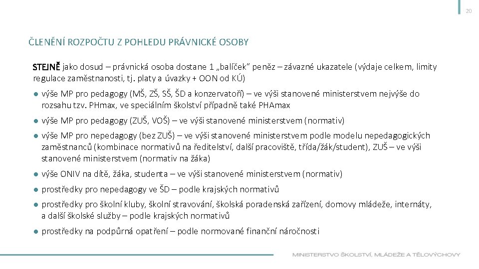 20 ČLENĚNÍ ROZPOČTU Z POHLEDU PRÁVNICKÉ OSOBY STEJNĚ jako dosud – právnická osoba dostane