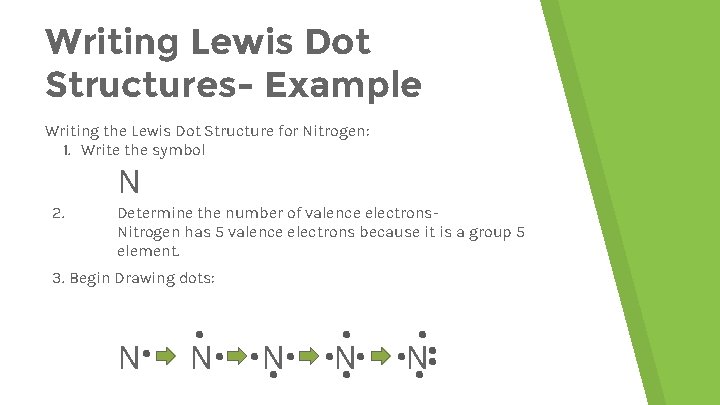 Writing Lewis Dot Structures- Example Writing the Lewis Dot Structure for Nitrogen: 1. Write