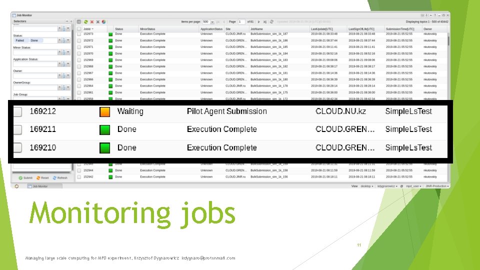 Monitoring jobs 11 Managing large scale computing for MPD experiment, Krzysztof Dygnarowicz kdygnaro@protonmail. com Monitoring jobs 11 Managing large scale computing for MPD experiment, Krzysztof Dygnarowicz kdygnaro@protonmail. com