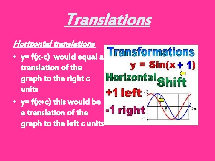 Translations Horizontal translations • y= f(x-c) would equal a translation of the graph to