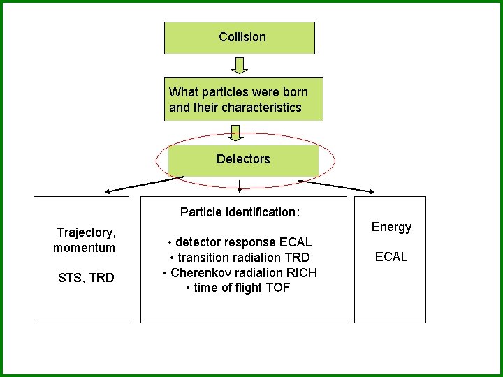 Collision What particles were born and their characteristics Detectors Particle identification: Trajectory, momentum STS,