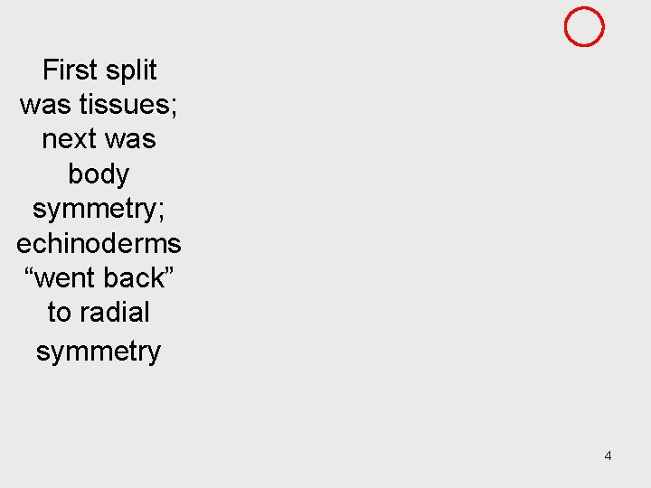 First split was tissues; next was body symmetry; echinoderms “went back” to radial symmetry
