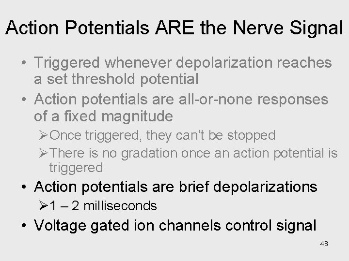 Action Potentials ARE the Nerve Signal • Triggered whenever depolarization reaches a set threshold