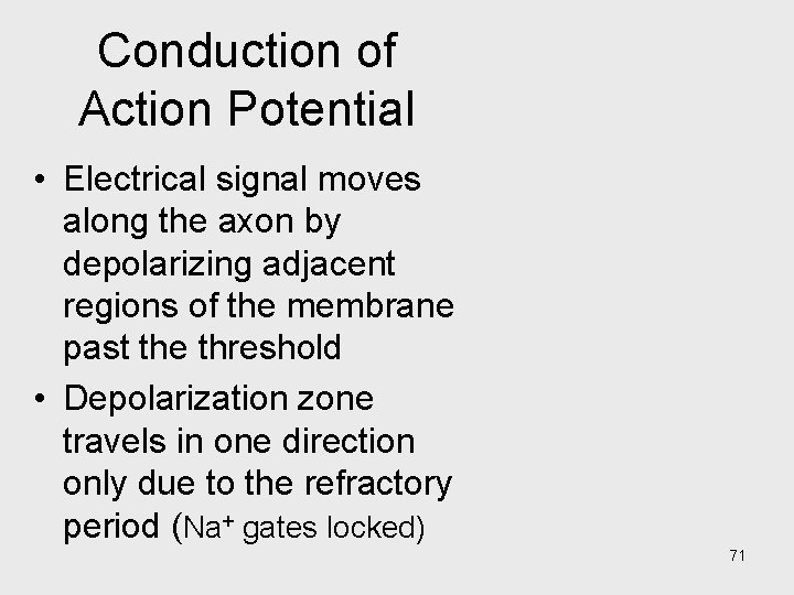 Conduction of Action Potential • Electrical signal moves along the axon by depolarizing adjacent