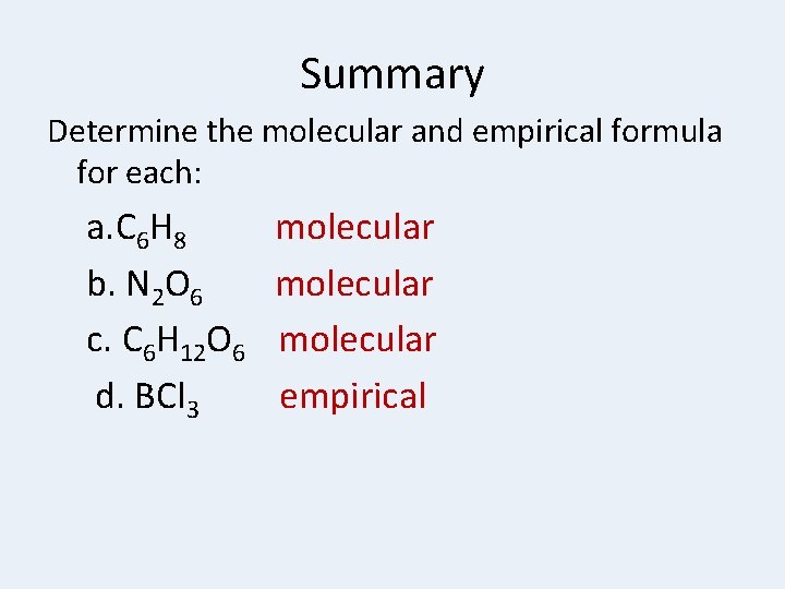 Summary Determine the molecular and empirical formula for each: a. C 6 H 8