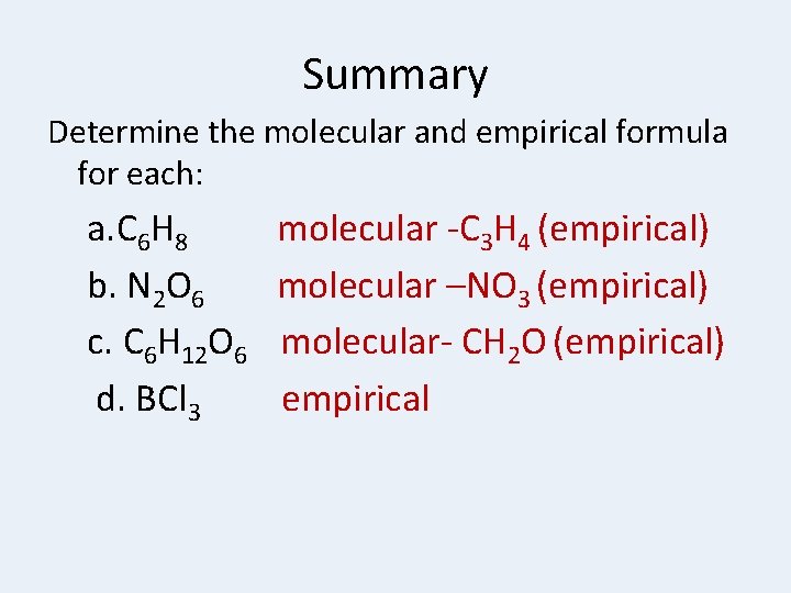 Summary Determine the molecular and empirical formula for each: a. C 6 H 8