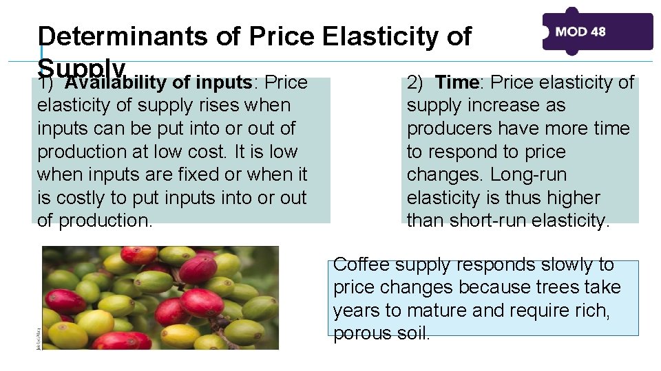 Determinants of Price Elasticity of Supply 1) Availability of inputs: Price 2) Time: Price