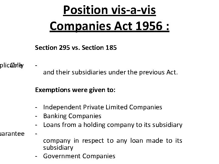 plicable Only uarantee Position vis-a-vis Companies Act 1956 : Section 295 vs. Section 185