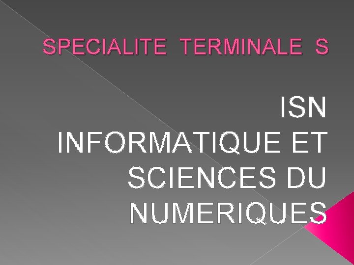 SPECIALITE TERMINALE S ISN INFORMATIQUE ET SCIENCES DU NUMERIQUES 