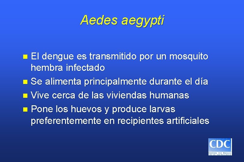 Aedes aegypti El dengue es transmitido por un mosquito hembra infectado n Se alimenta