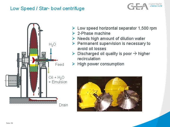 Low Speed / Star- bowl centrifuge Ø Ø H 2 O Feed Oil +