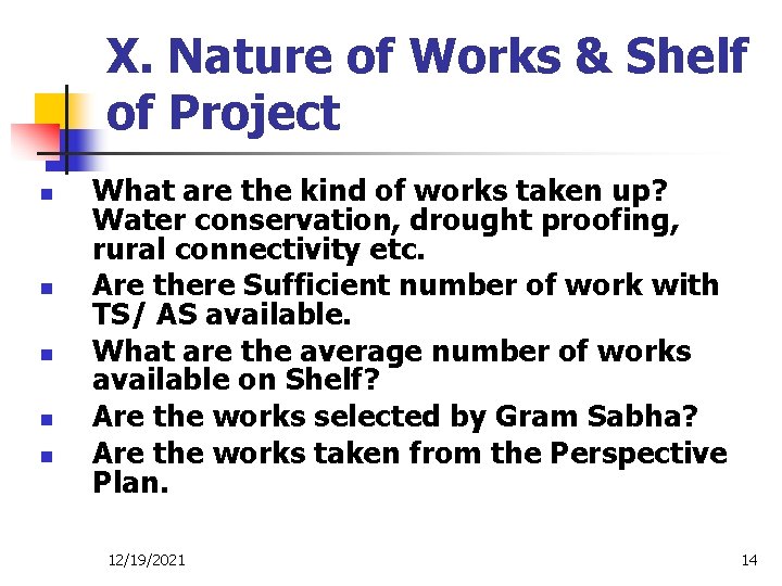X. Nature of Works & Shelf of Project n n n What are the