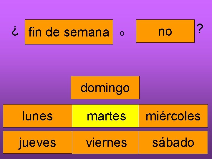 ¿ fin de semana o no ? domingo lunes martes miércoles jueves viernes sábado