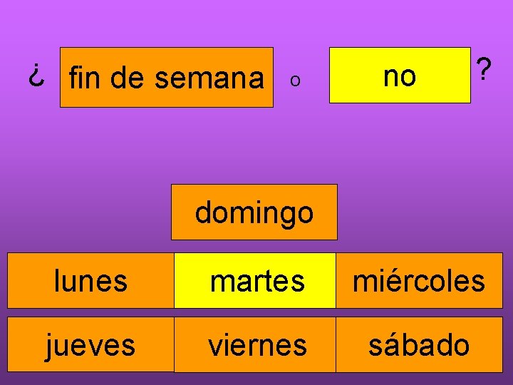 ¿ fin de semana o no ? domingo lunes martes miércoles jueves viernes sábado