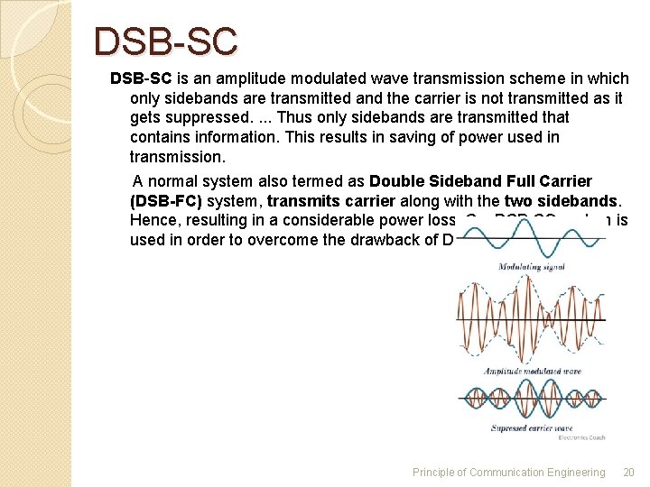 DSB-SC is an amplitude modulated wave transmission scheme in which only sidebands are transmitted DSB-SC is an amplitude modulated wave transmission scheme in which only sidebands are transmitted