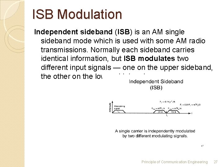 ISB Modulation Independent sideband (ISB) is an AM single sideband mode which is used ISB Modulation Independent sideband (ISB) is an AM single sideband mode which is used