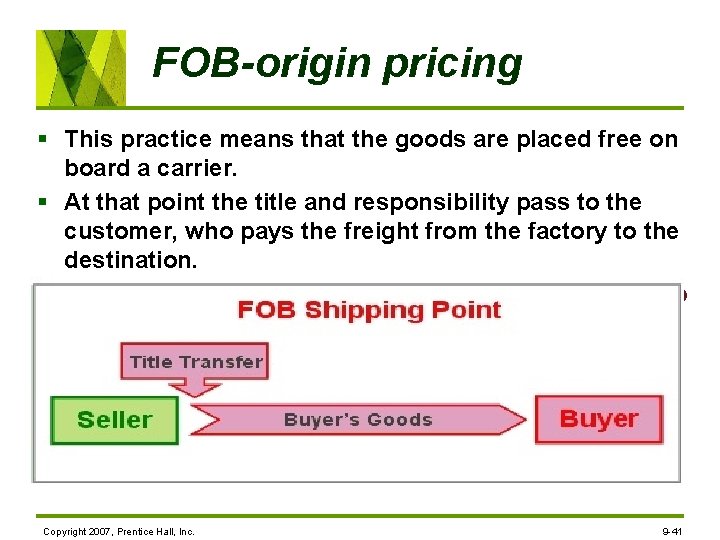 FOB-origin pricing § This practice means that the goods are placed free on board