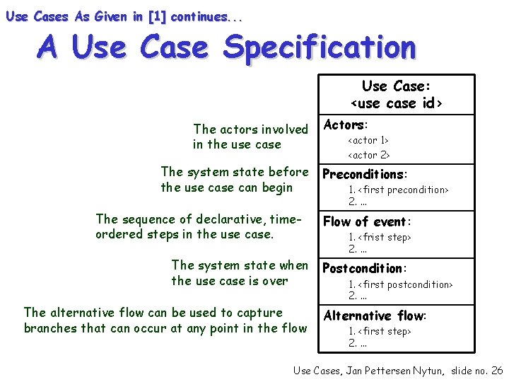 Use Cases As Given in [1] continues. . . A Use Case Specification Use