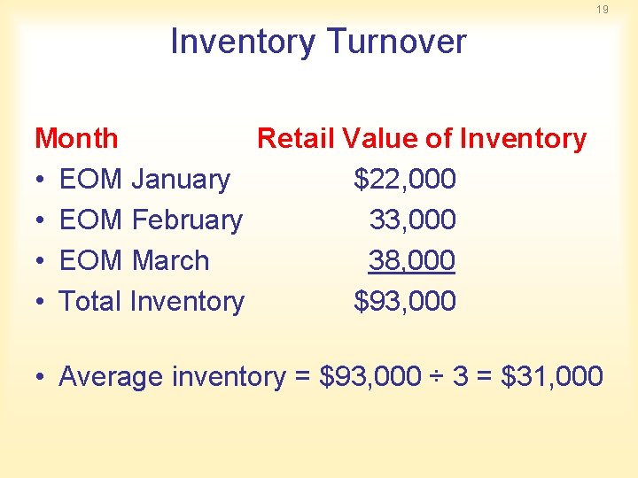 19 Inventory Turnover Month Retail Value of Inventory • EOM January $22, 000 •