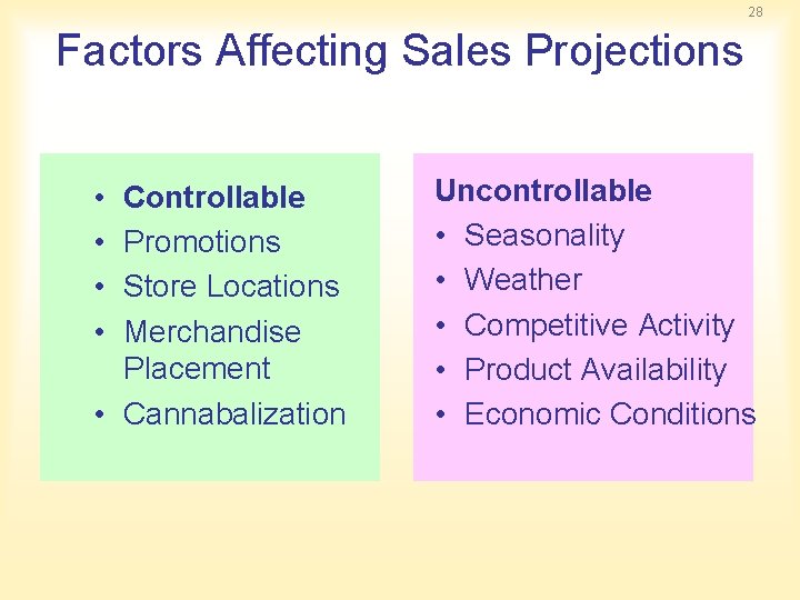 28 Factors Affecting Sales Projections • • Controllable Promotions Store Locations Merchandise Placement •