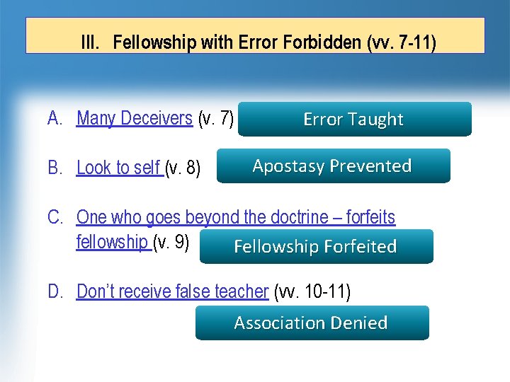 III. Fellowship with Error Forbidden (vv. 7 -11) A. Many Deceivers (v. 7) B.