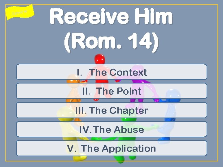 Review Receive Him (Rom. 14) I. The Context II. The Point III. The Chapter