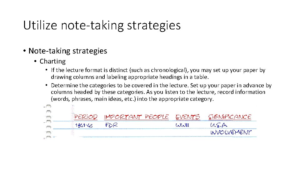 Utilize note-taking strategies • Note-taking strategies • Charting • If the lecture format is