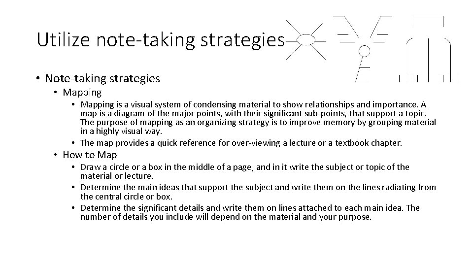 Utilize note-taking strategies • Note-taking strategies • Mapping is a visual system of condensing