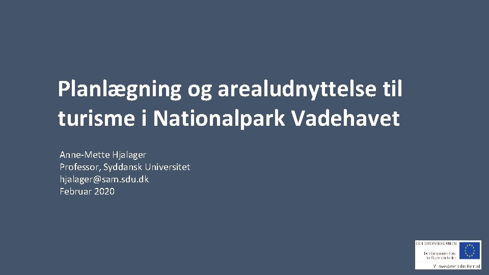 Planlægning og arealudnyttelse til turisme i Nationalpark Vadehavet Anne-Mette Hjalager Professor, Syddansk Universitet hjalager@sam.