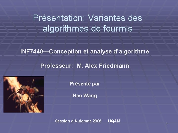 Présentation: Variantes des algorithmes de fourmis INF 7440 ---Conception et analyse d’algorithme Professeur: M.