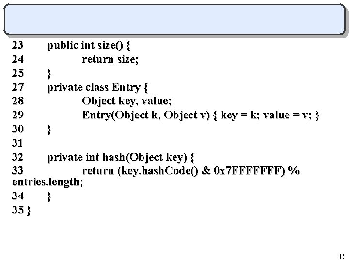 23 public int size() { 24 return size; 25 } 27 private class Entry