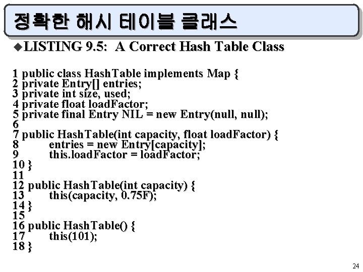 정확한 해시 테이블 클래스 u. LISTING 9. 5: A Correct Hash Table Class 1