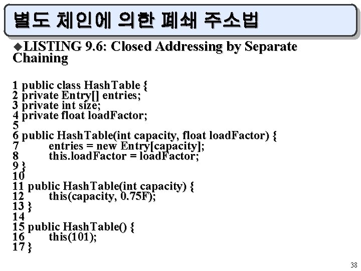 별도 체인에 의한 폐쇄 주소법 u. LISTING 9. 6: Closed Addressing by Separate Chaining