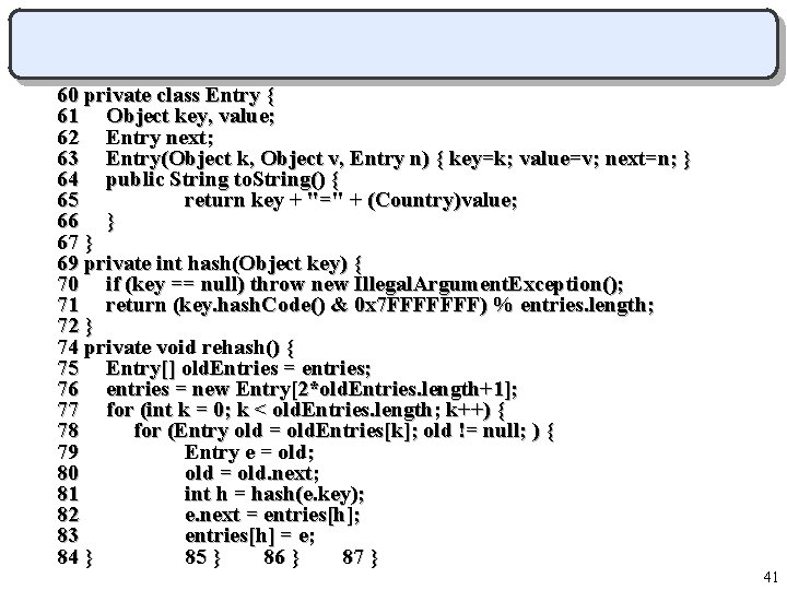60 private class Entry { 61 Object key, value; 62 Entry next; 63 Entry(Object