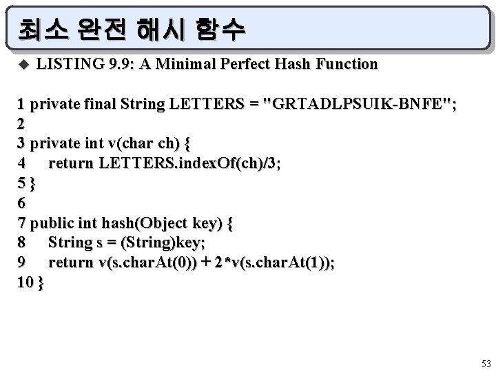 최소 완전 해시 함수 u LISTING 9. 9: A Minimal Perfect Hash Function 1