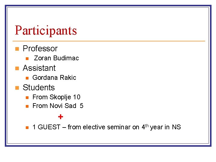 Participants n Professor n n Assistant n n Zoran Budimac Gordana Rakic Students n