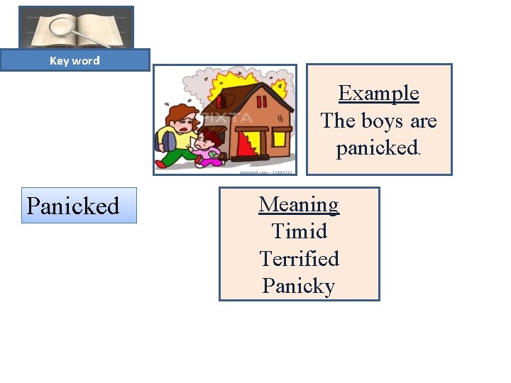 Key word Example The boys are panicked. Panicked Meaning Timid Terrified Panicky 