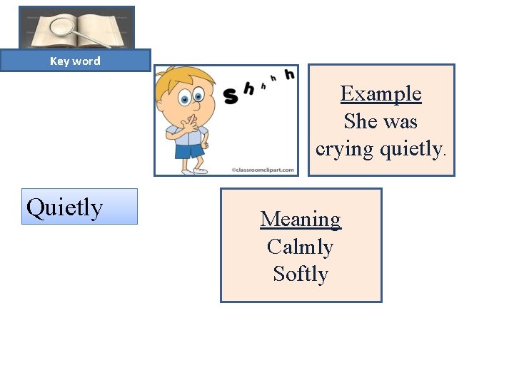 Key word Example She was crying quietly. Quietly Meaning Calmly Softly 