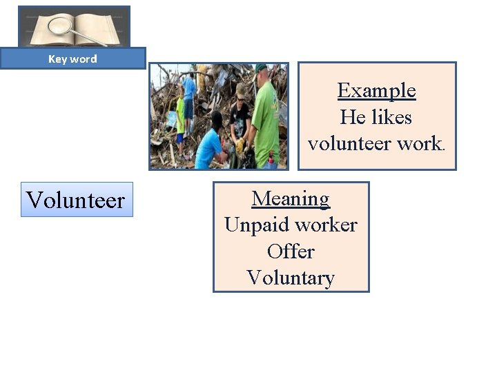 Key word Example He likes volunteer work. Volunteer Meaning Unpaid worker Offer Voluntary 