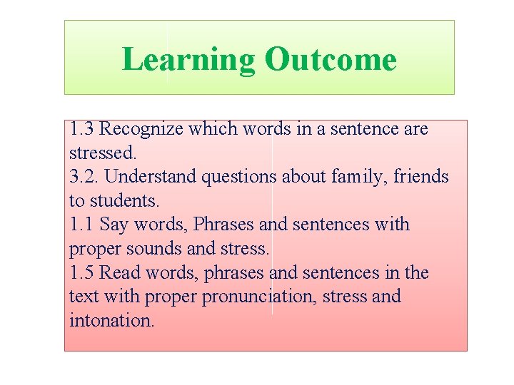 Learning Outcome 1. 3 Recognize which words in a sentence are stressed. 3. 2.